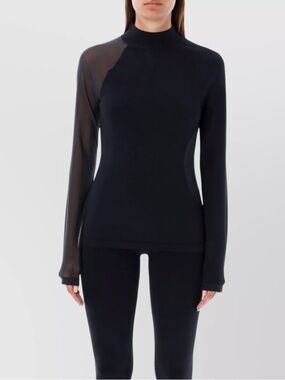 DKNY Black Mesh Sleeve Top Women Small Sheer Panel Mock Neck Stretch